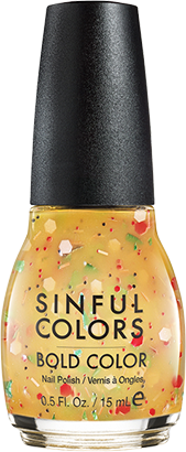 a bottle of soft yellow jelly nail polish with various shaped and colored glitters, giving the impression of a taco